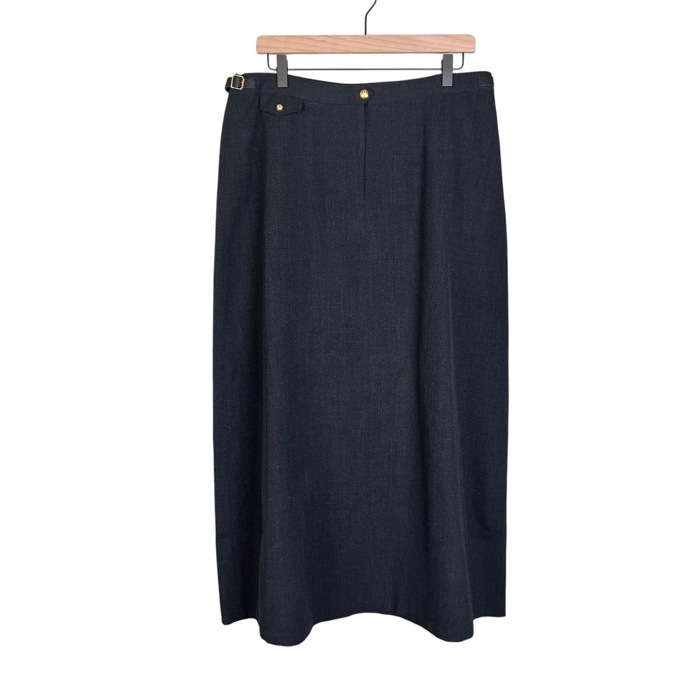 Lauren Ralph Lauren Gray Wool Blend Maxi Skirt Side Buckle Gold Button Size 14